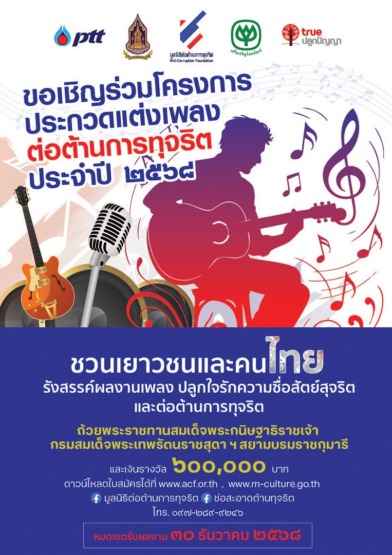 Read more about the article การแข่งขันโครงการประกวด “แต่งเพลงต่อต้านการทุจริต” ประจำปี 2568